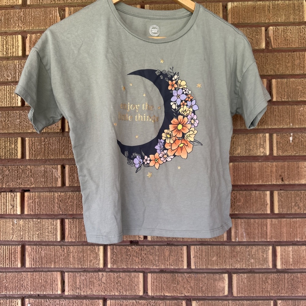 Wonder Nation Girls Crop Top XL 14-16 Green Floral Moon Enjoy The Little Things